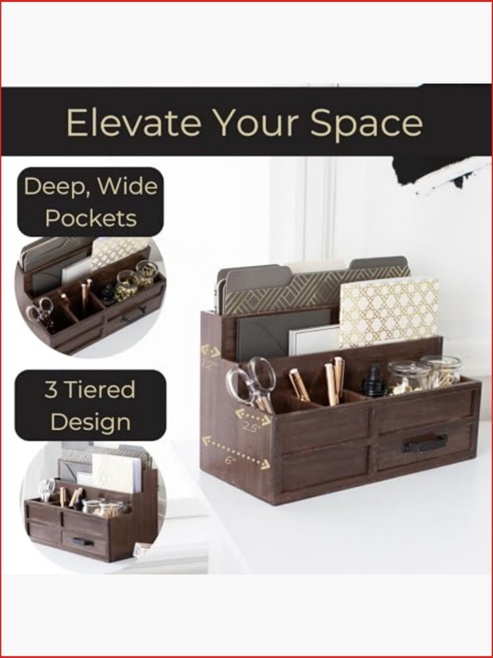 Wooden Mail Organizer with Drawer and Pen Holder Desktop Storage - Picture 4 of 6